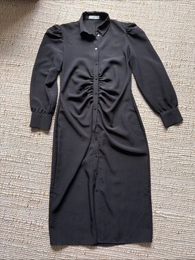Mango Black Button-Front Ruched Long Sleeve Shirt Dress